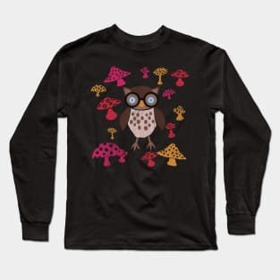 Owl Student and Mushrooms Cutout Design Long Sleeve T-Shirt